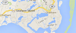 A map showing the location of the Chatham Seafarer in Chatham on Cape Cod